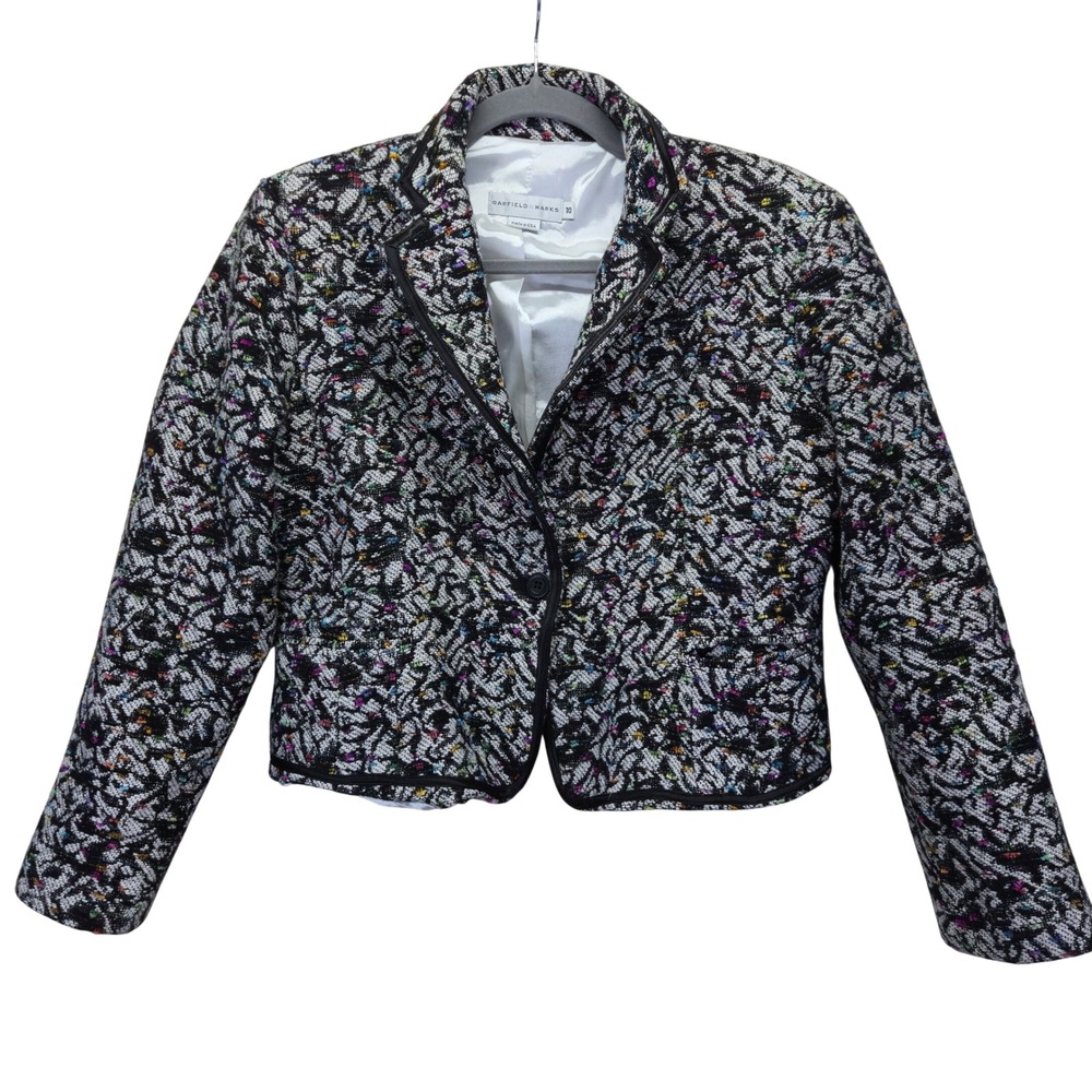 GARFIELD‎ & MARKS  Black Multi Color Wool Tweed Cropped Blazer Jacket Womens 10